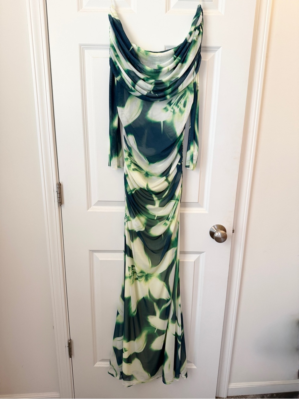 Elegant Green & White Draped Maxi Dress